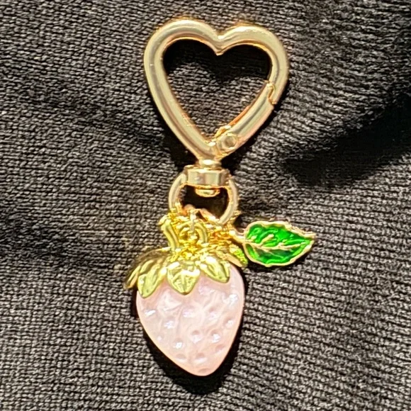 Charming Gold and Pink Strawberry Bag Charm Keychain - Picture 3 of 3